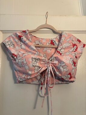 Zaful Pink Floral Drawstring Crop Top